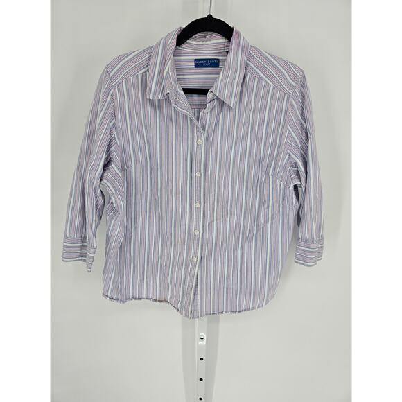 Karen Scott Womens Stripped 3/4 Sleeve Collared Button Down Cotton Shirt Size XL - Picture 1 of 5